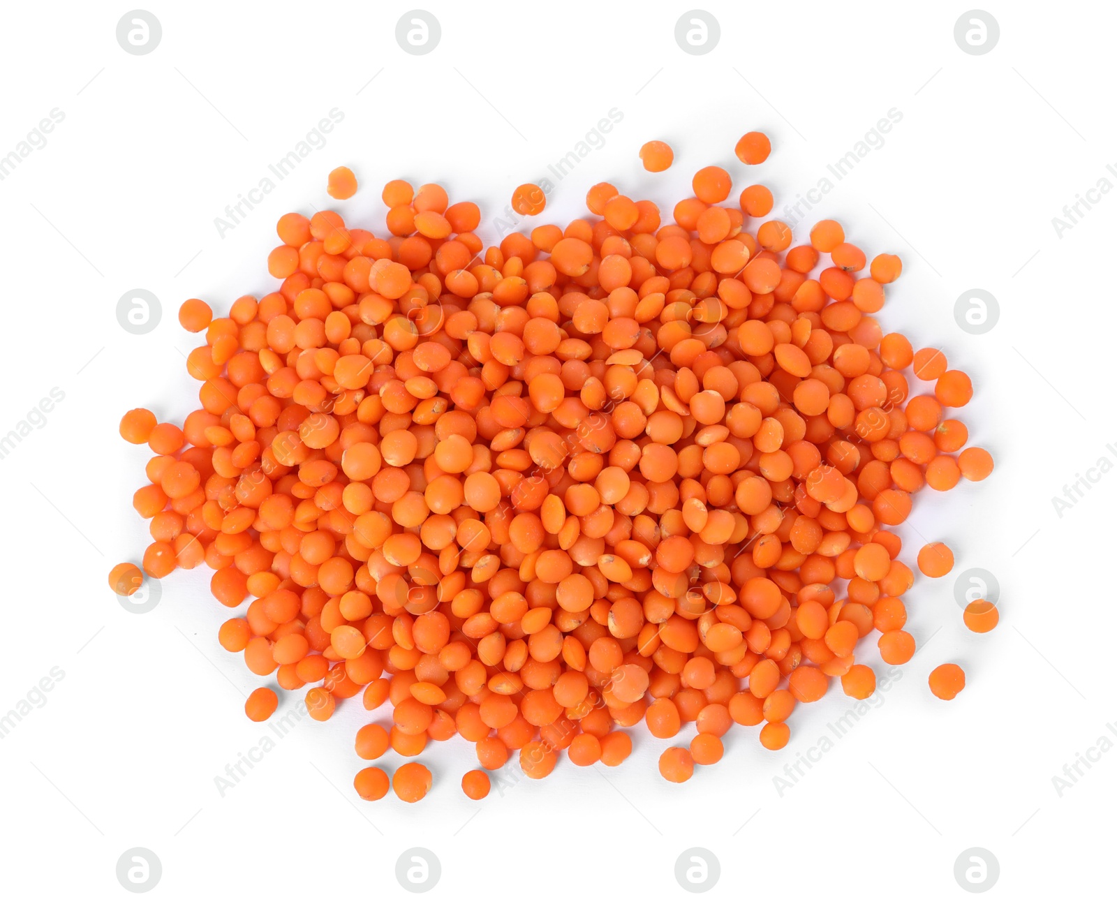 Photo of Pile of raw lentils isolated on white, top view