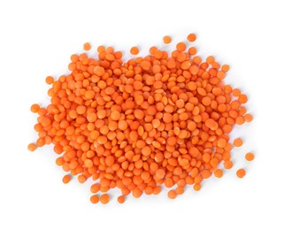 Photo of Pile of raw lentils isolated on white, top view