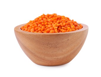 Photo of Raw lentils in bowl isolated on white