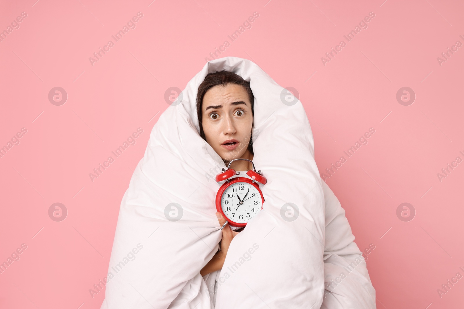 Photo of Overslept young woman with alarm clock wrapped in blanket on pink background