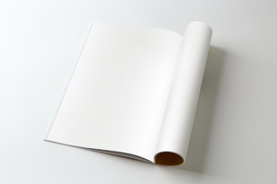 Open magazine on white background. Mockup for design