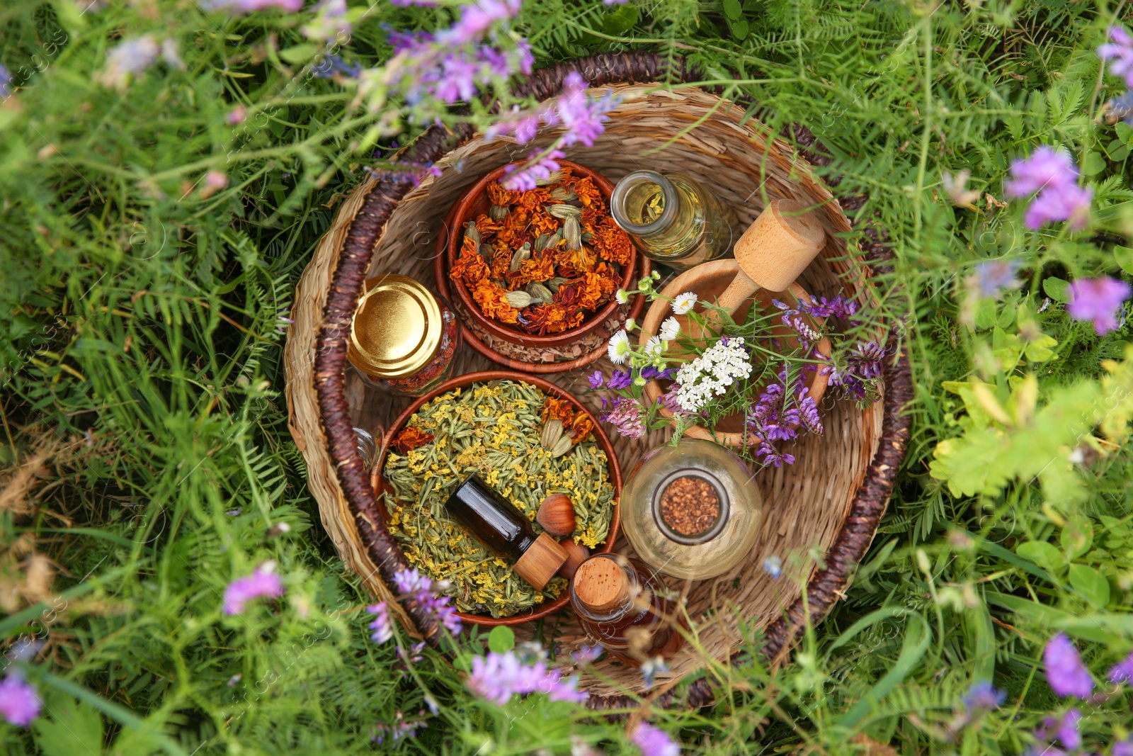 Photo of Different ingredients for tincture, mortar and pestle in wicker basket on green grass outdoors, top view