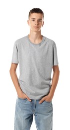 Photo of Teenage boy wearing grey t-shirt on white background