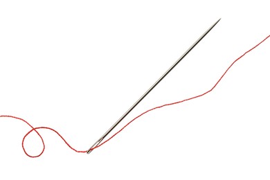 Photo of Sewing needle with red thread isolated on white