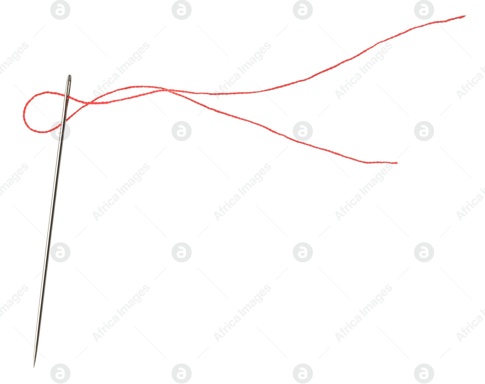 Photo of Sewing needle with red thread isolated on white