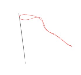 Sewing needle with red thread isolated on white