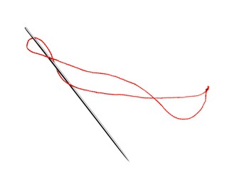 Photo of Sewing needle with red thread isolated on white