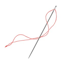 Photo of Sewing needle with red thread isolated on white