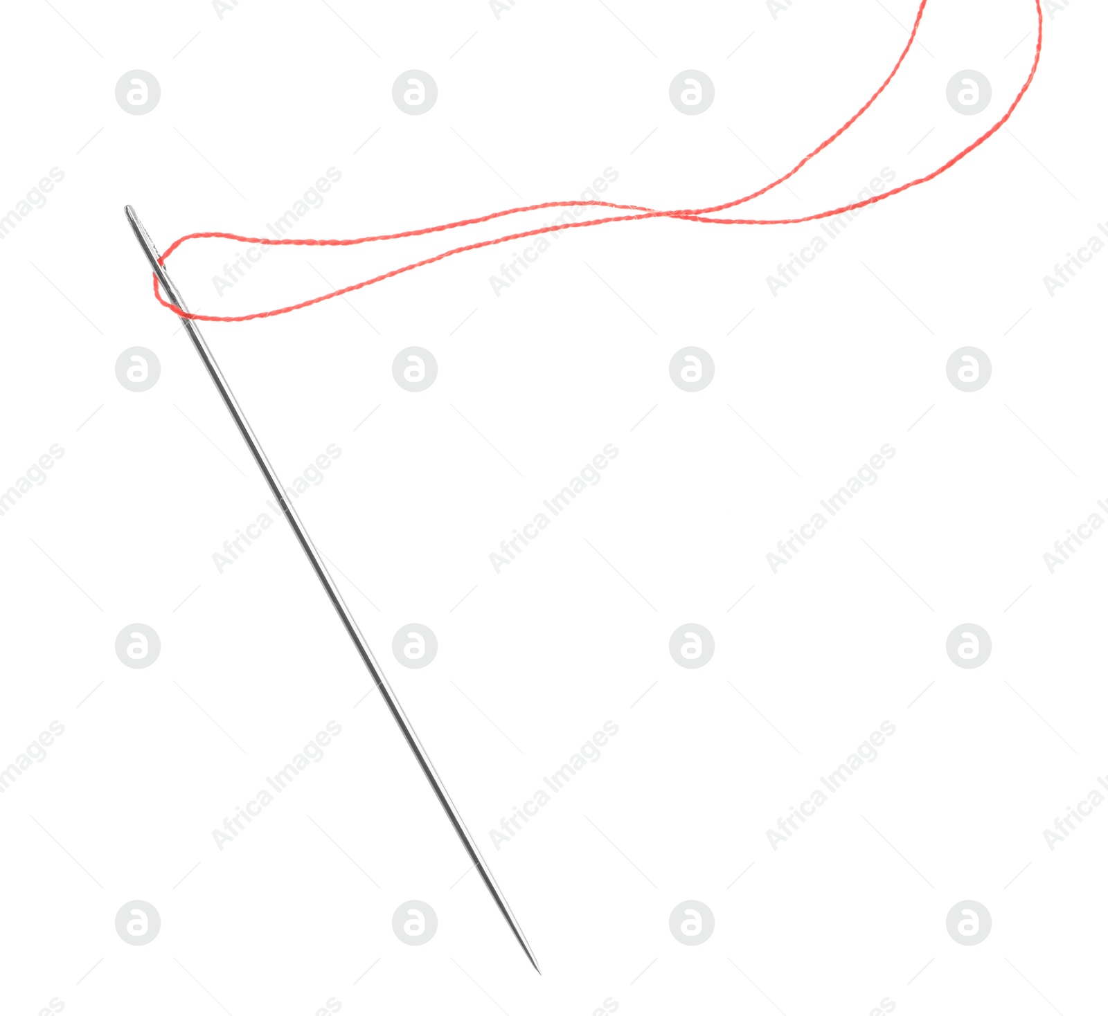 Photo of Sewing needle with red thread isolated on white