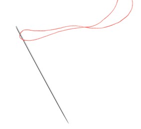 Photo of Sewing needle with red thread isolated on white