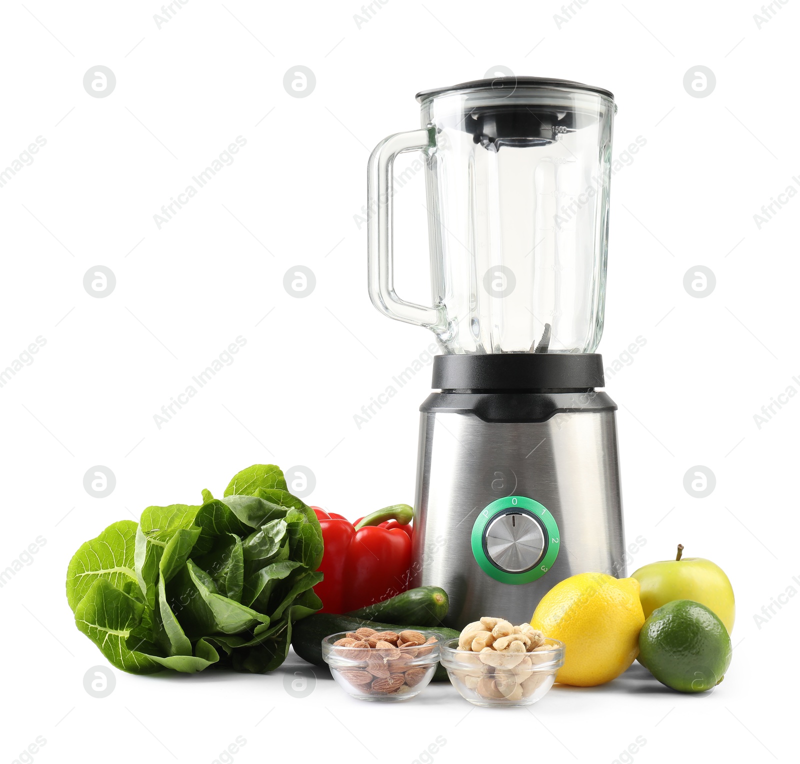 Photo of Modern blender and fresh products isolated on white