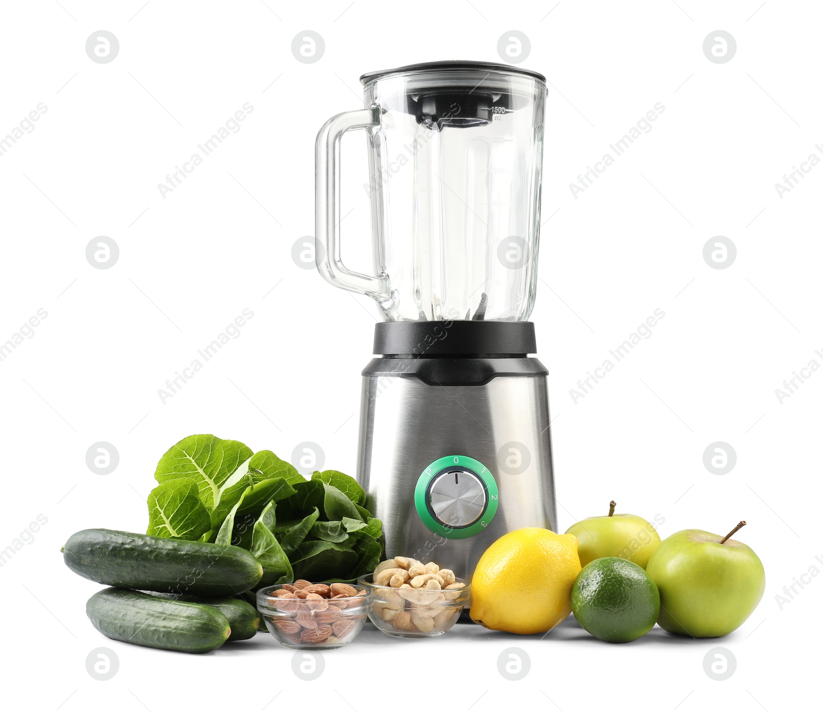 Photo of Modern blender and fresh products isolated on white