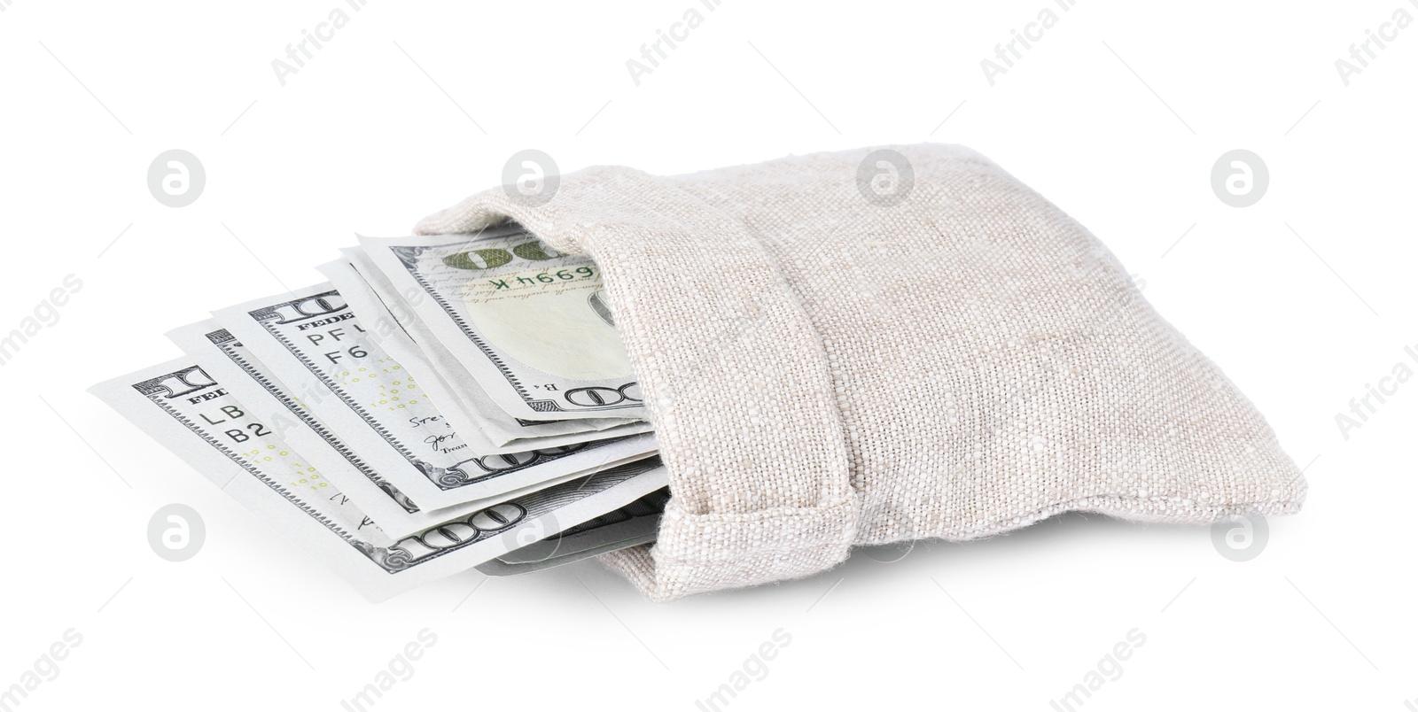 Photo of Dollar banknotes in bag isolated on white