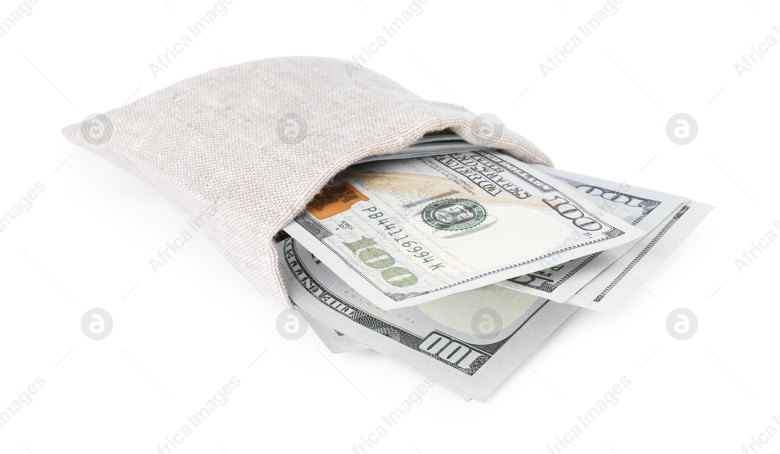 Photo of Dollar banknotes in bag isolated on white