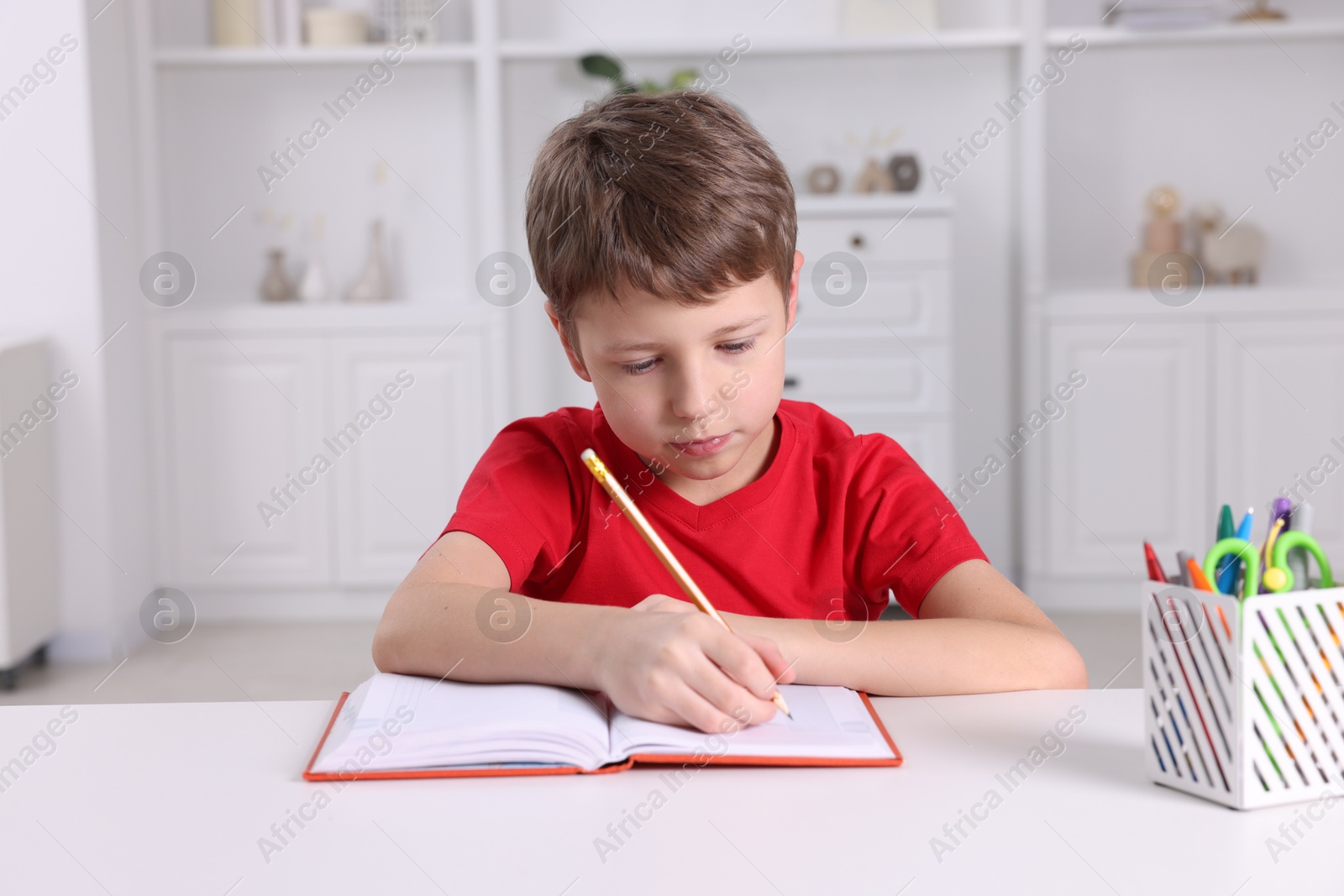 Photo of Boy with correct posture doing homework at white desk indoors