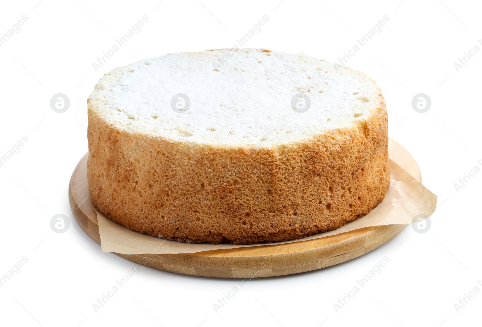 Photo of One delicious sponge cake with powdered sugar isolated on white