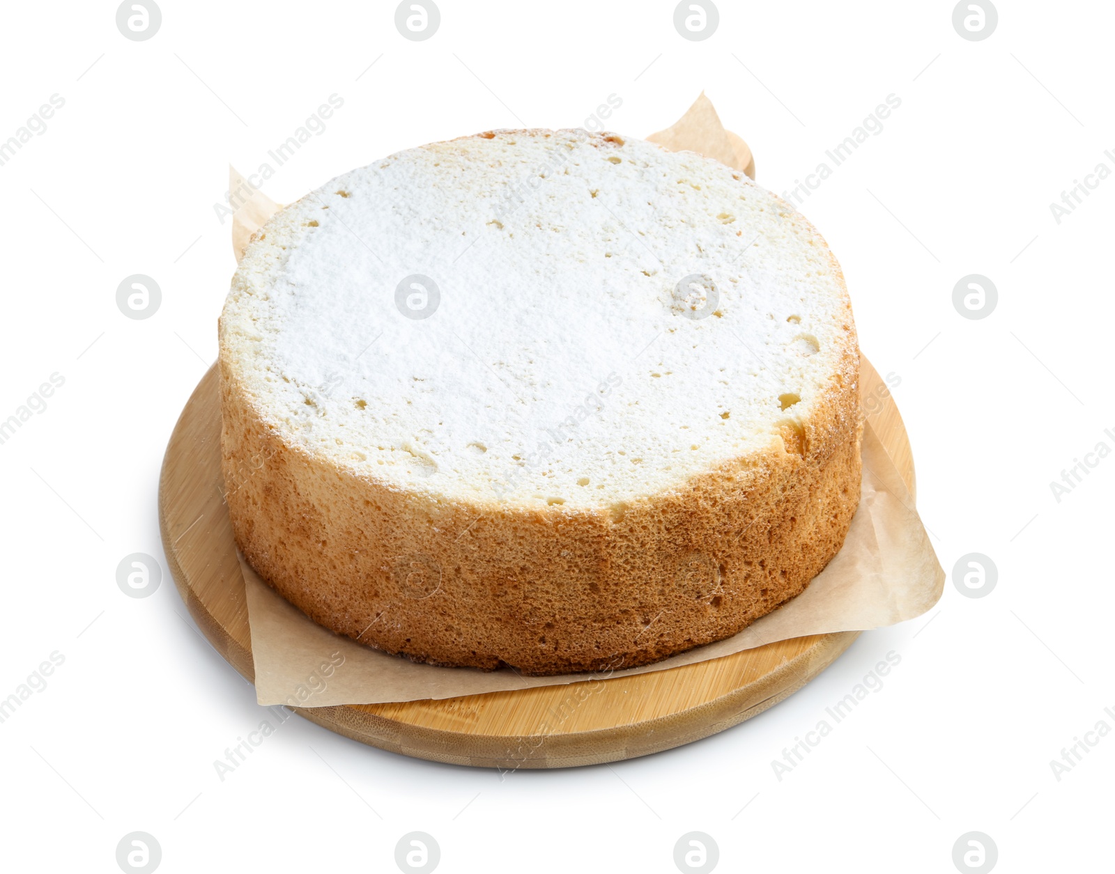 Photo of One delicious sponge cake with powdered sugar isolated on white