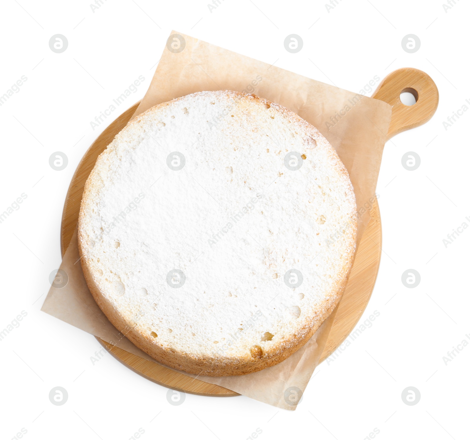 Photo of One delicious sponge cake with powdered sugar isolated on white, top view