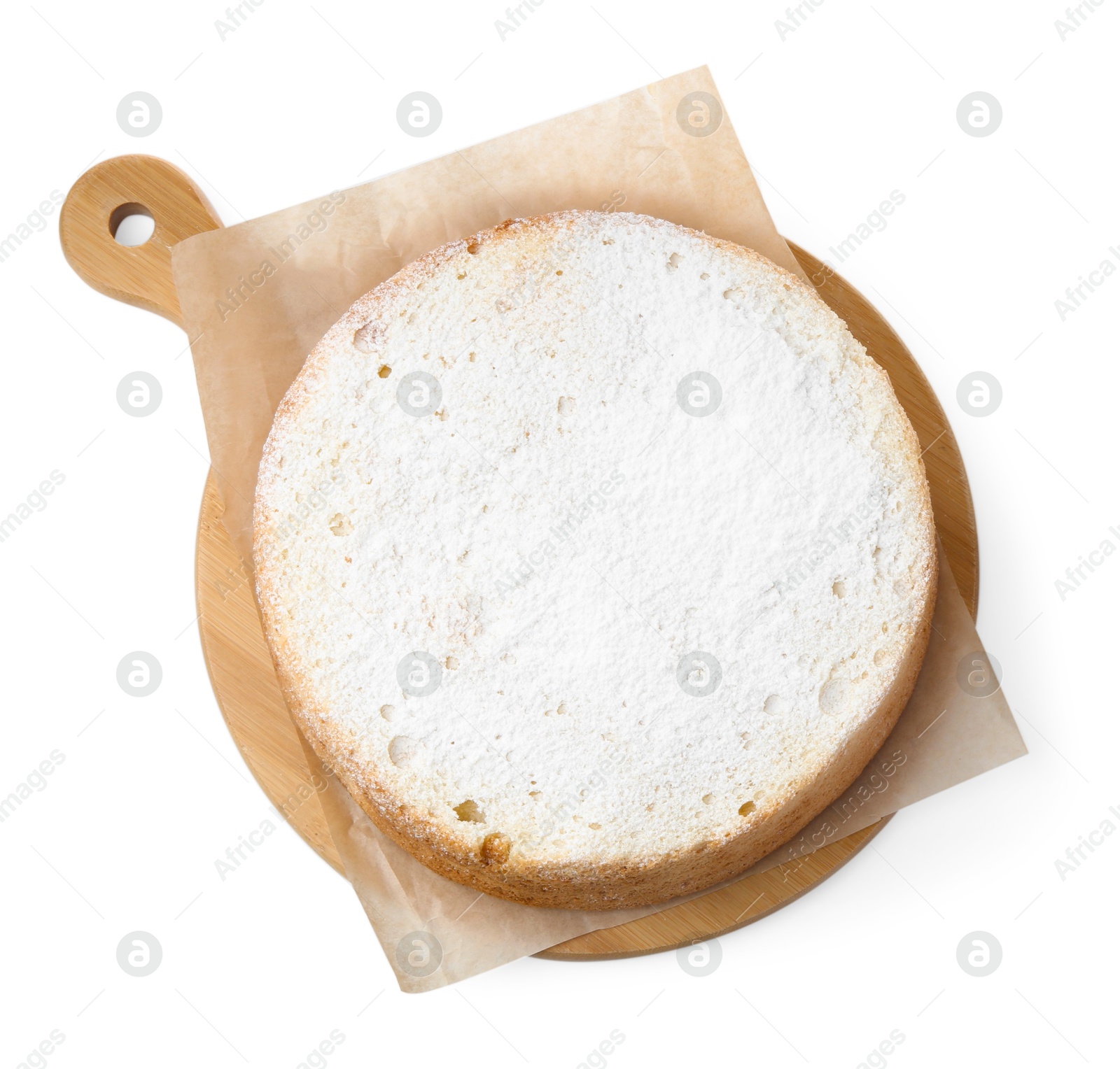 Photo of One delicious sponge cake with powdered sugar isolated on white, top view