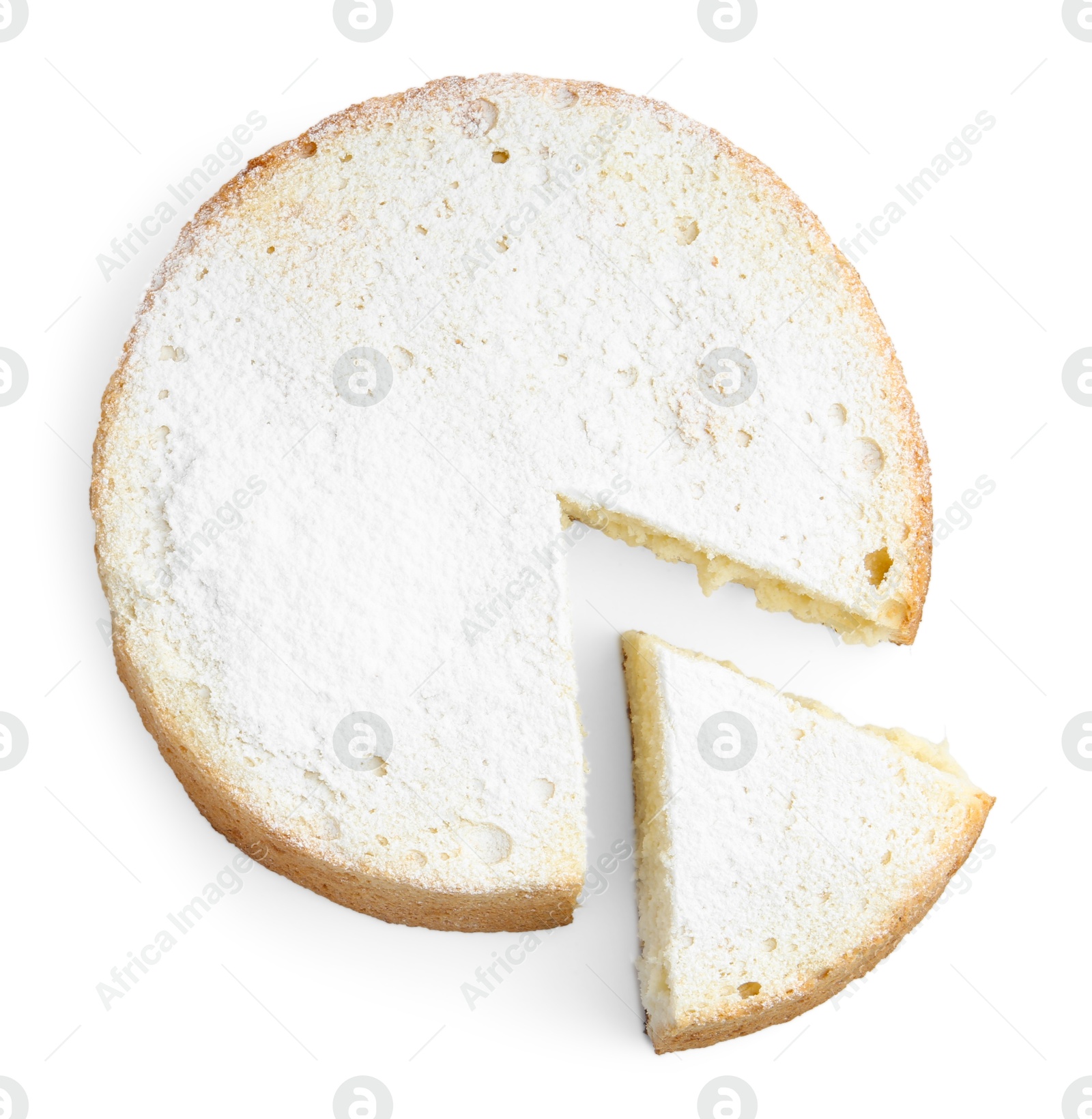 Photo of Delicious cut sponge cake with powdered sugar isolated on white, top view