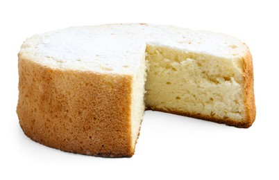 Photo of Delicious cut sponge cake with powdered sugar isolated on white