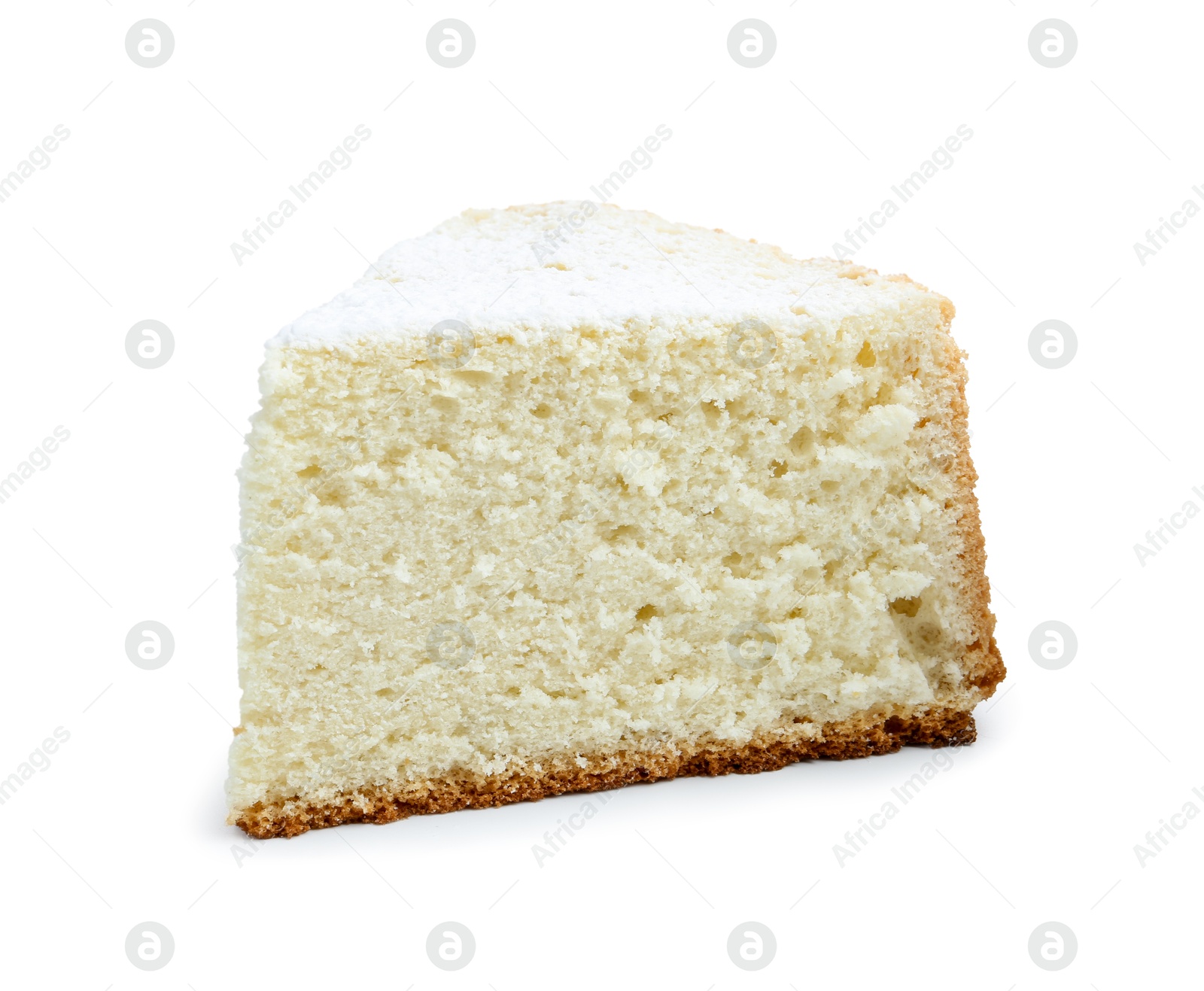 Photo of One piece of delicious sponge cake with powdered sugar isolated on white