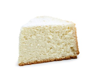 One piece of delicious sponge cake with powdered sugar isolated on white