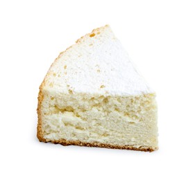 Photo of One piece of delicious sponge cake with powdered sugar isolated on white