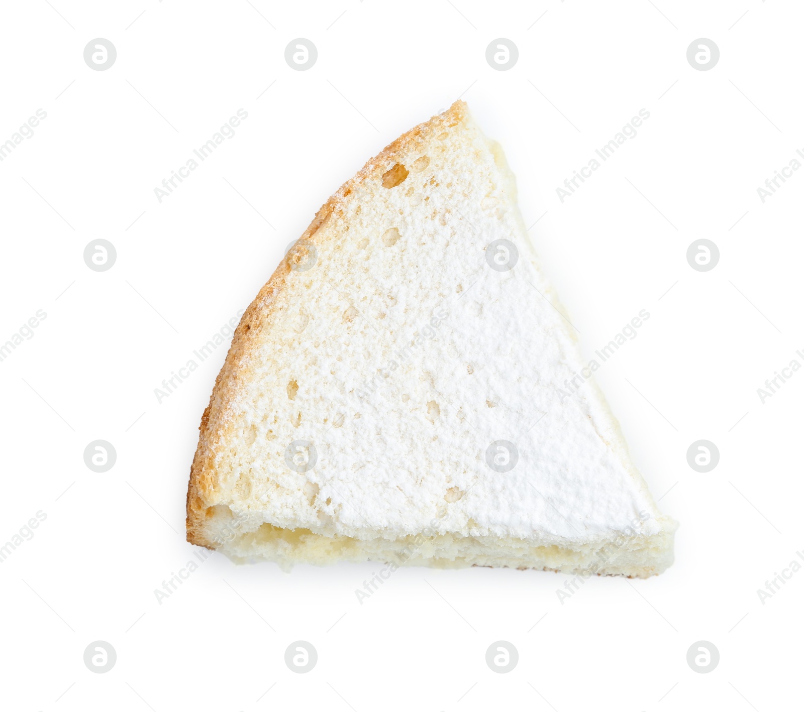 Photo of One piece of delicious sponge cake with powdered sugar isolated on white, top view