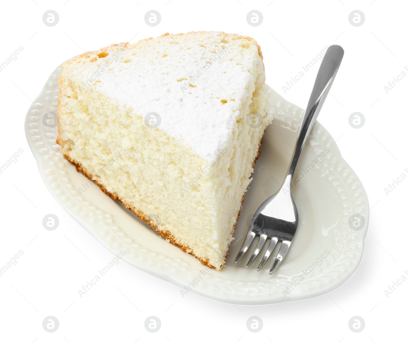 Photo of Piece of delicious sponge cake with powdered sugar and fork isolated on white