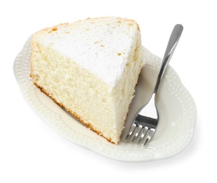 Piece of delicious sponge cake with powdered sugar and fork isolated on white