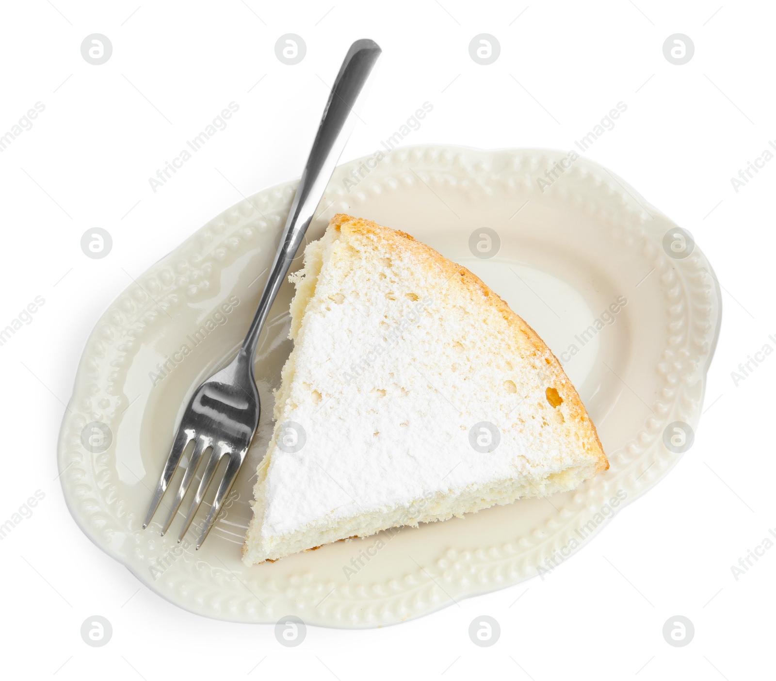 Photo of Piece of delicious sponge cake with powdered sugar and fork isolated on white, top view