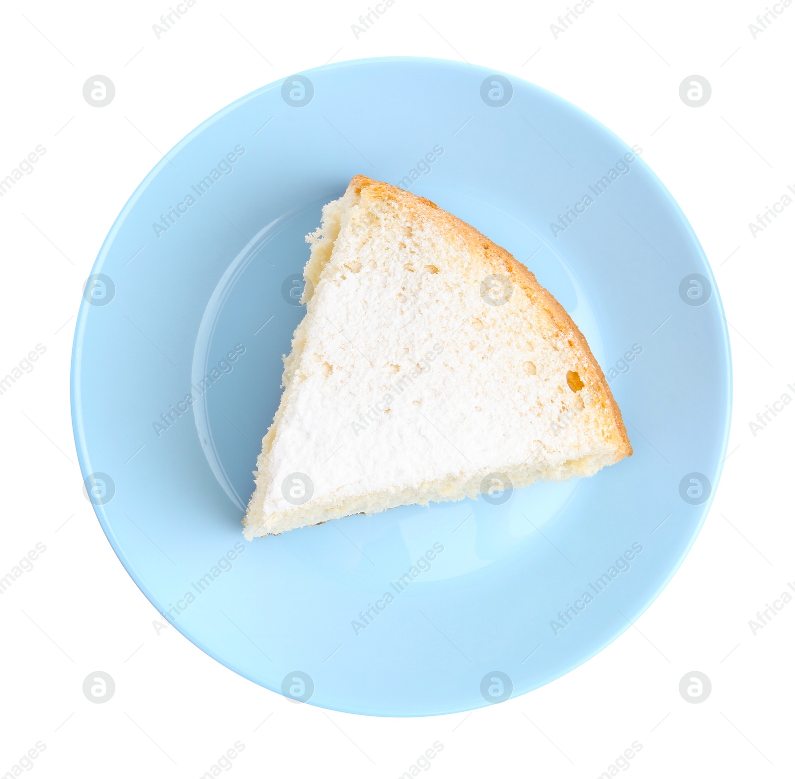 Photo of One piece of delicious sponge cake with powdered sugar isolated on white, top view