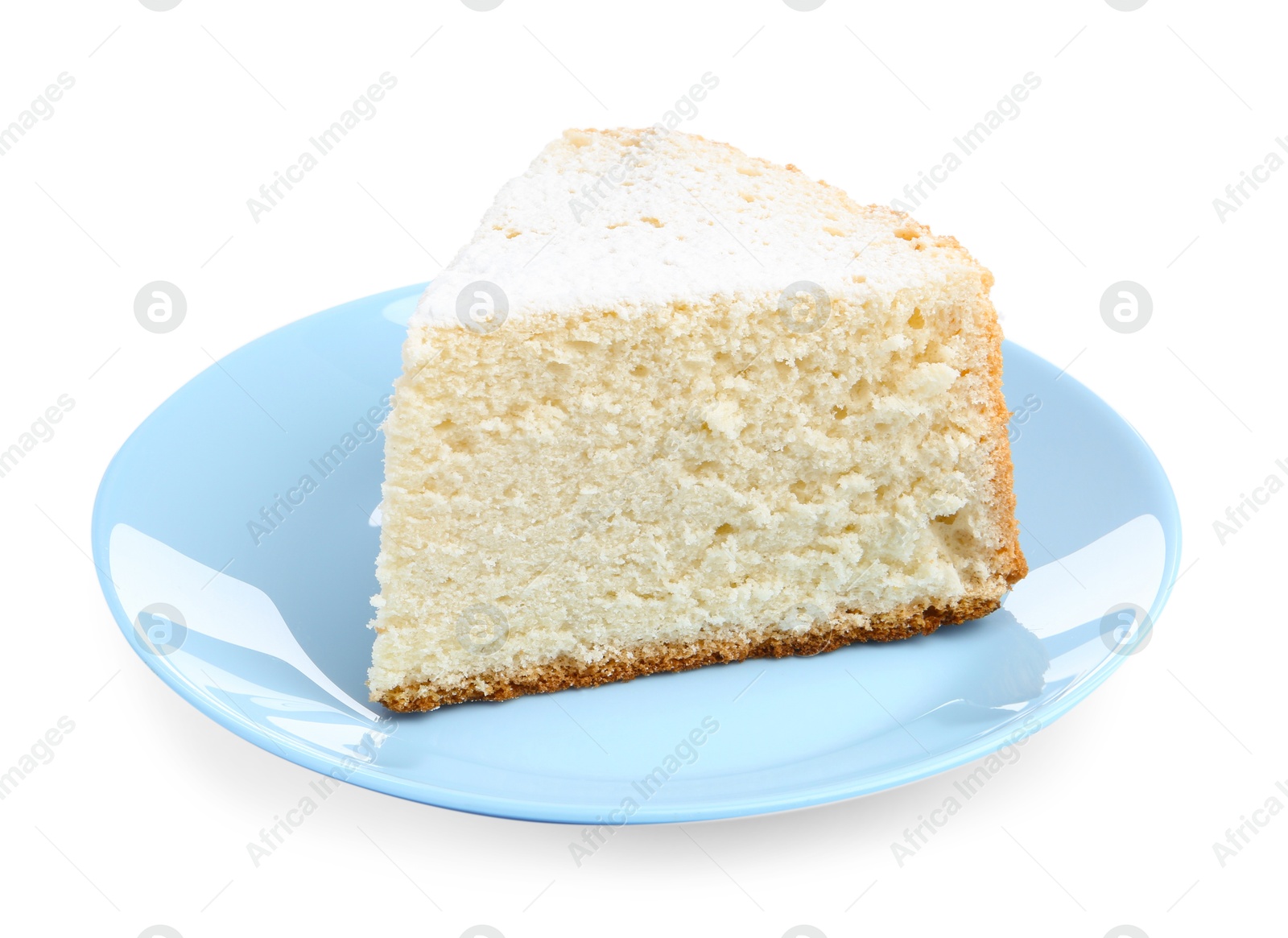 Photo of One piece of delicious sponge cake with powdered sugar isolated on white