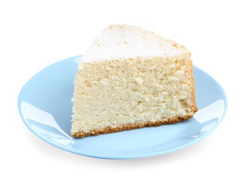 One piece of delicious sponge cake with powdered sugar isolated on white