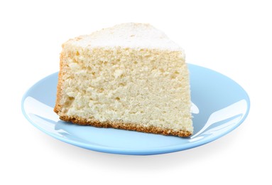 Photo of One piece of delicious sponge cake with powdered sugar isolated on white