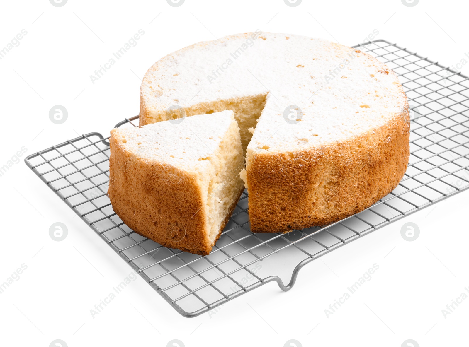 Photo of Delicious cut sponge cake with powdered sugar isolated on white