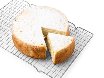 Delicious cut sponge cake with powdered sugar isolated on white