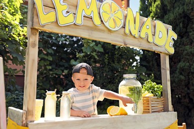 Photo of Cute little boy at lemonade stand in park