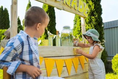 Cute little girl pouring natural lemonade into cup for boy in park