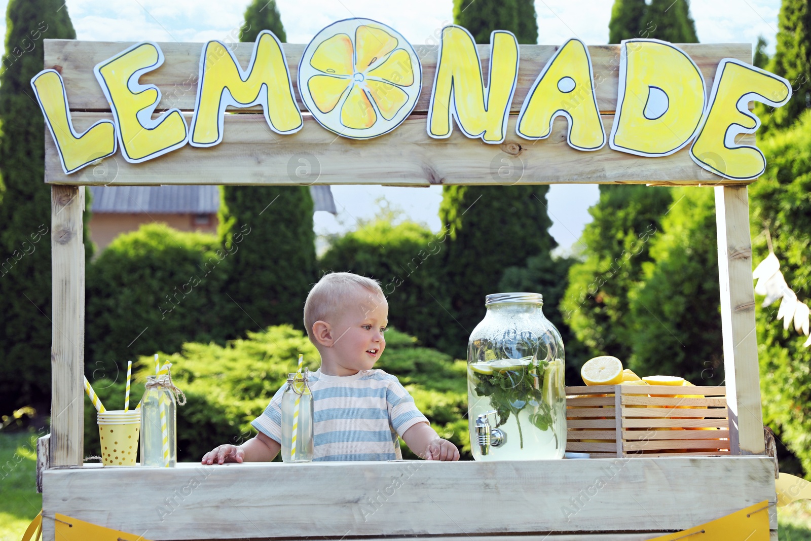 Photo of Cute little boy at lemonade stand in park