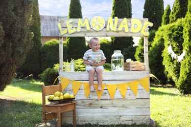 Cute little boy sitting on lemonade stand in park