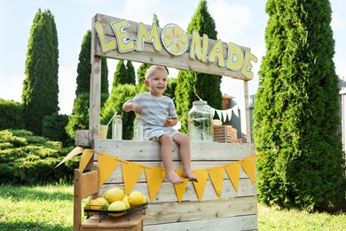 Cute little boy sitting on lemonade stand in park