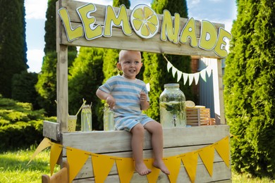 Photo of Cute little boy sitting on lemonade stand in park