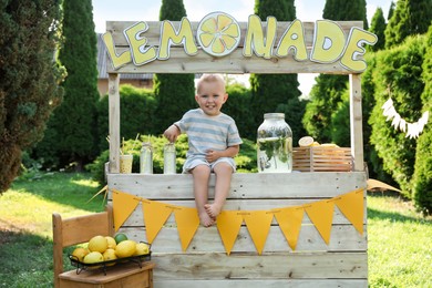 Photo of Cute little boy sitting on lemonade stand in park