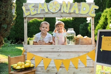 Photo of Cute little kids with refreshing drinks at lemonade stand in park