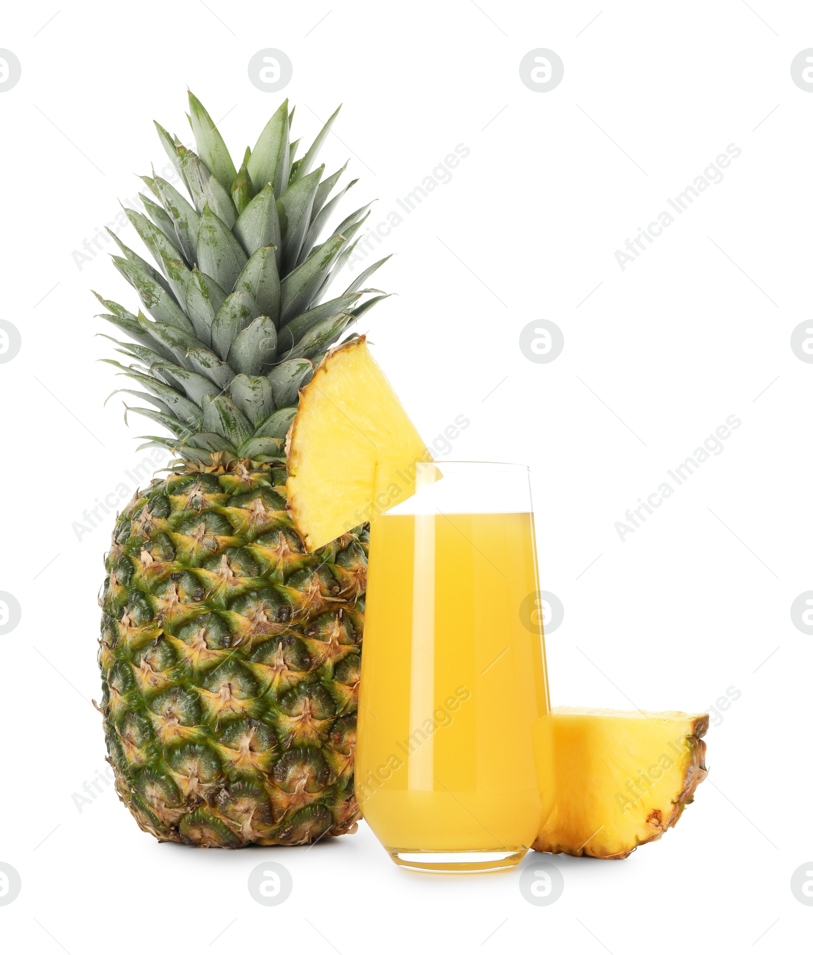 Photo of Glass with pineapple juice and fresh pineapples isolated on white