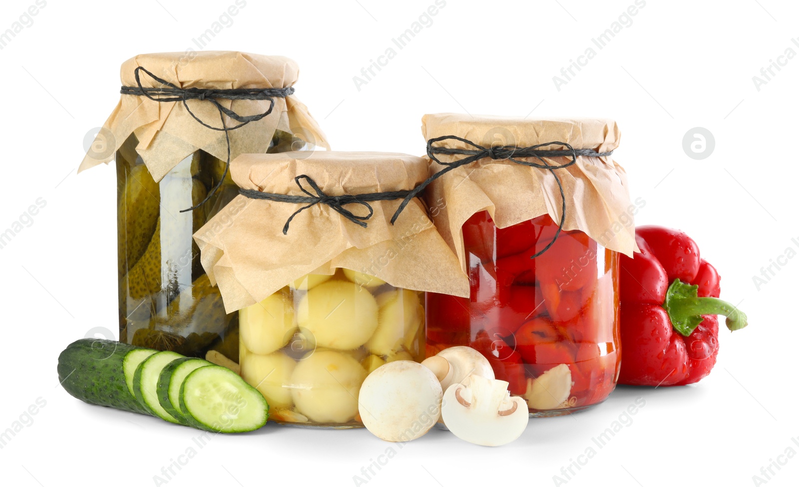 Photo of Different pickled products in jars and fresh ingredients isolated on white