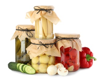 Photo of Different pickled products in jars and fresh ingredients isolated on white