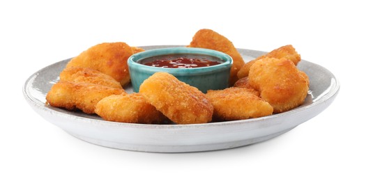 Photo of Plate with hot chili sauce and nuggets isolated on white